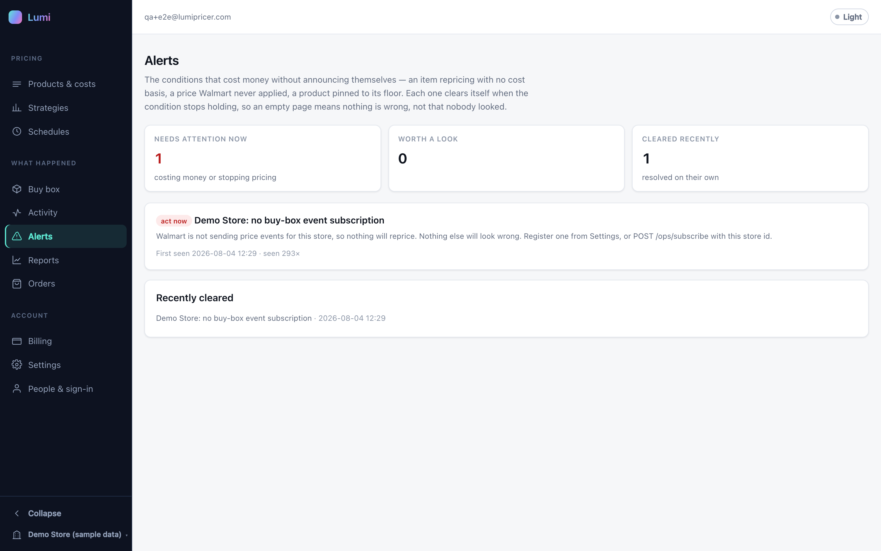 Alerts page listing conditions that need attention, each paired with what to do about it