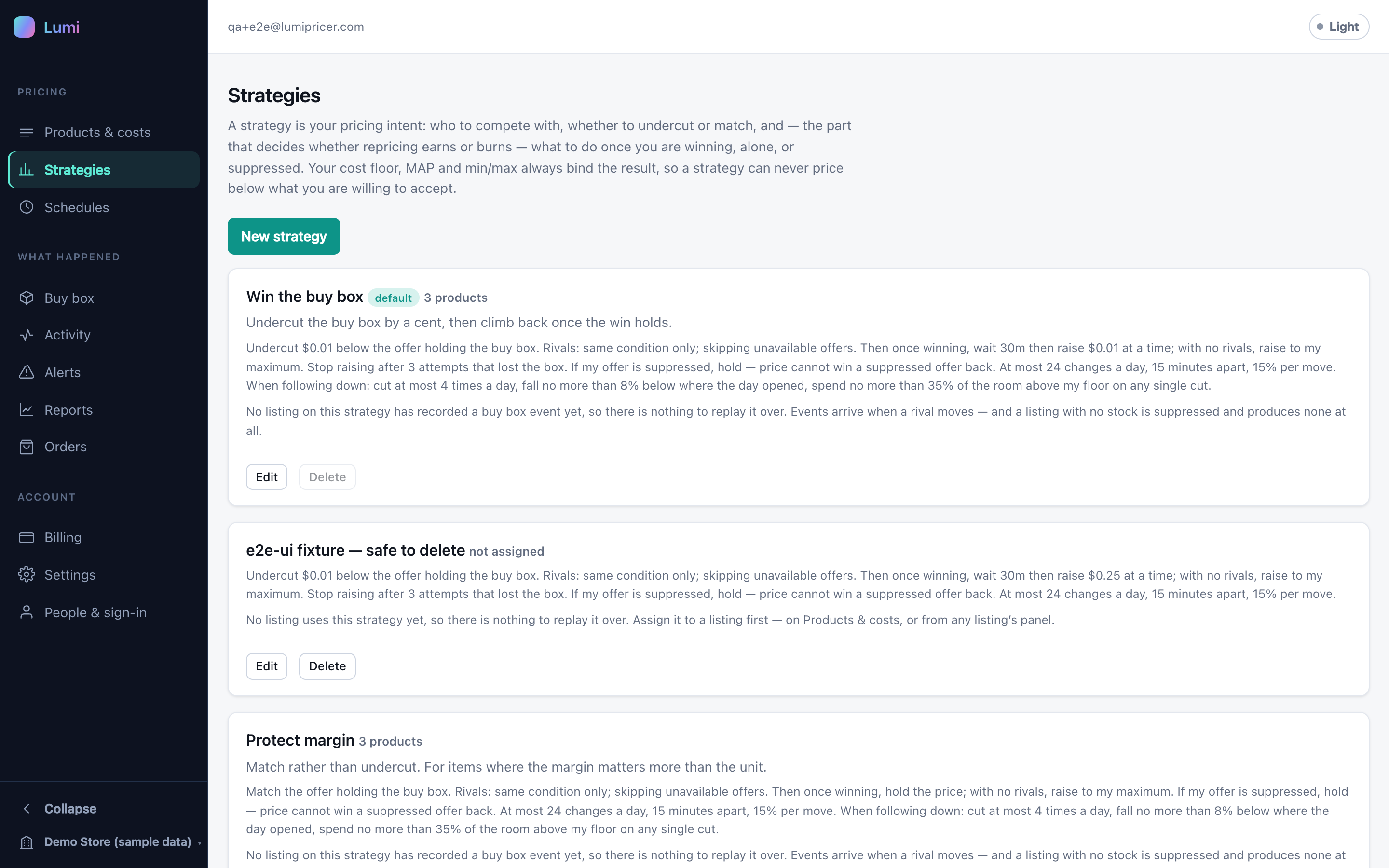 Strategy settings and configured competitive actions in Lumipricer